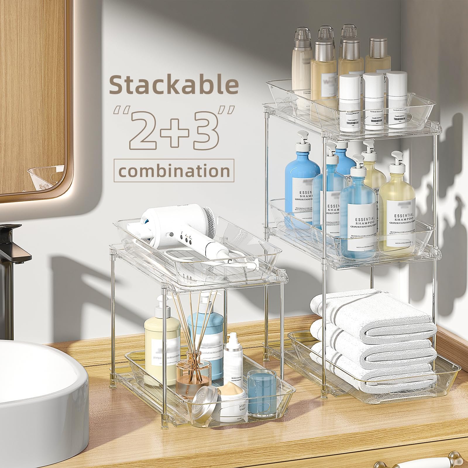 Under Sink Organizer 2 Pack, Clear Pull Out Drawer Storage with Movable Dividers A691