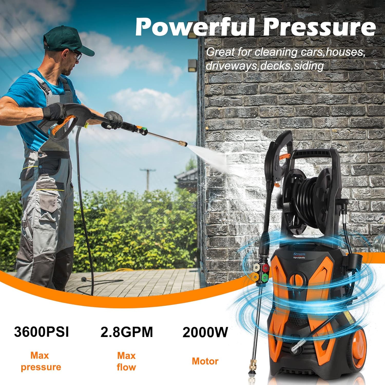 Electric Pressure Washer 3600PSI 2.4GPM with Hose Reel and Foam Cannon Q346620
