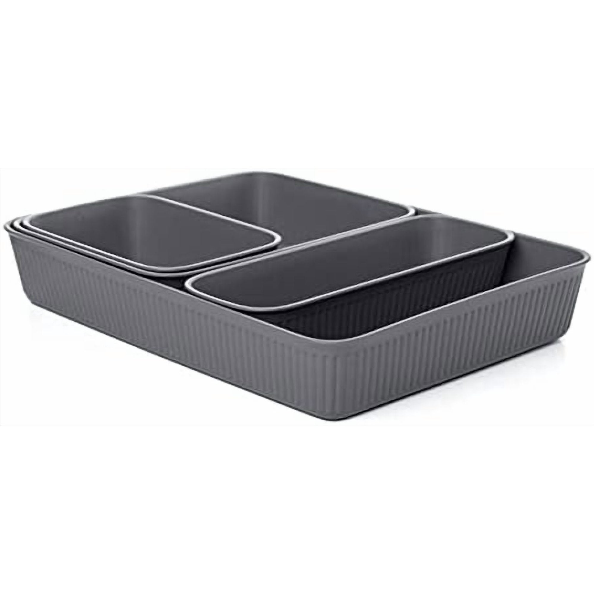 Decorative Plastic Desk Drawer Organizer Tray, Grey (Set of 4) Open Home Storage Bins Organizer Baskets, for Organizing Closet Shelves Drawer Shelf - Ribbed Collection