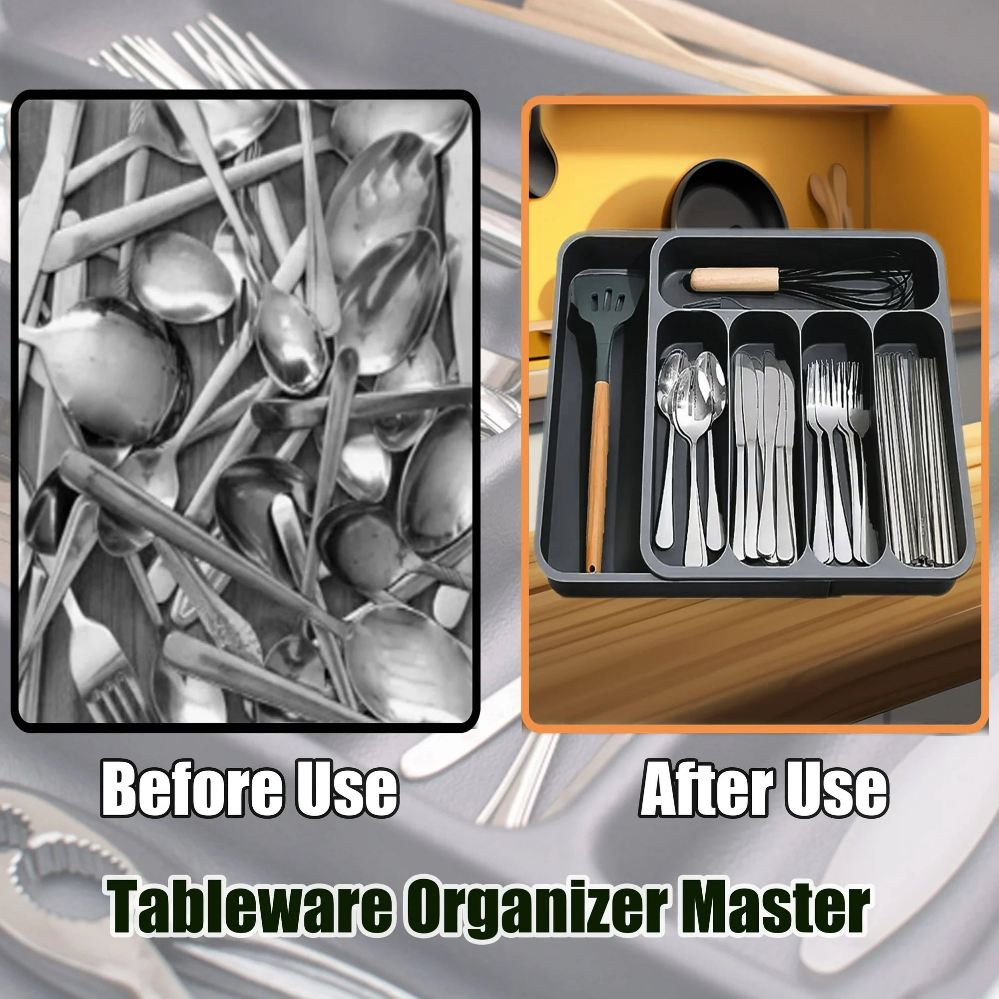 Expandable Utensil Tray for Kitchen Drawer, Adjustable Plastic Cutlery Holder P48914