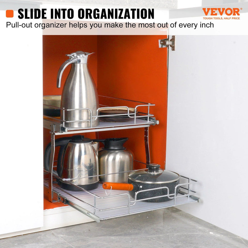 2 Tier Pull Out Cabinet Organizer, Chrome Steel Slide Out Shelves J23936