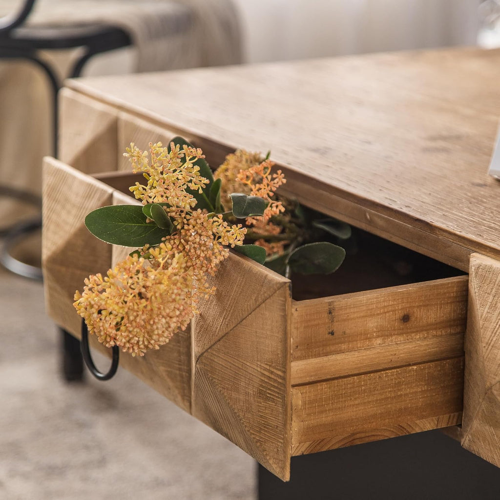 Square Coffee Table 32" Vintage Solid Wood with 2 Drawers R31230