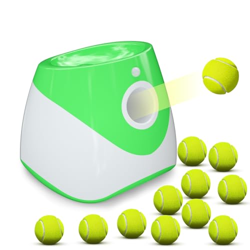 Automatic Dog Ball Thrower Launcher with 12 PCS Tennis Balls,Thrower Distance 10-30ft, Interactive Dog Fetch Machine Toy for Small Dogs (Green)
