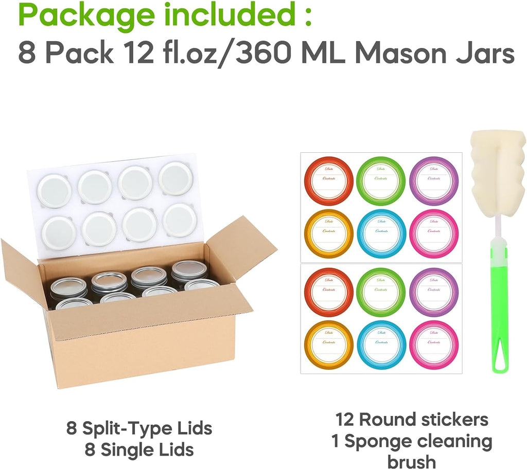 12 oz Glass Mason Jars with Airtight Lids, 8 Pack for Canning and Meal Prep X461