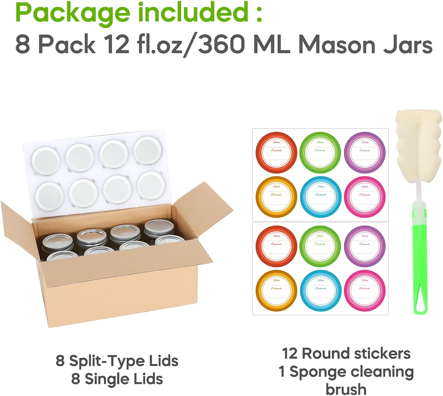 12 oz Glass Mason Jars with Airtight Lids, 8 Pack for Canning and Meal Prep X461