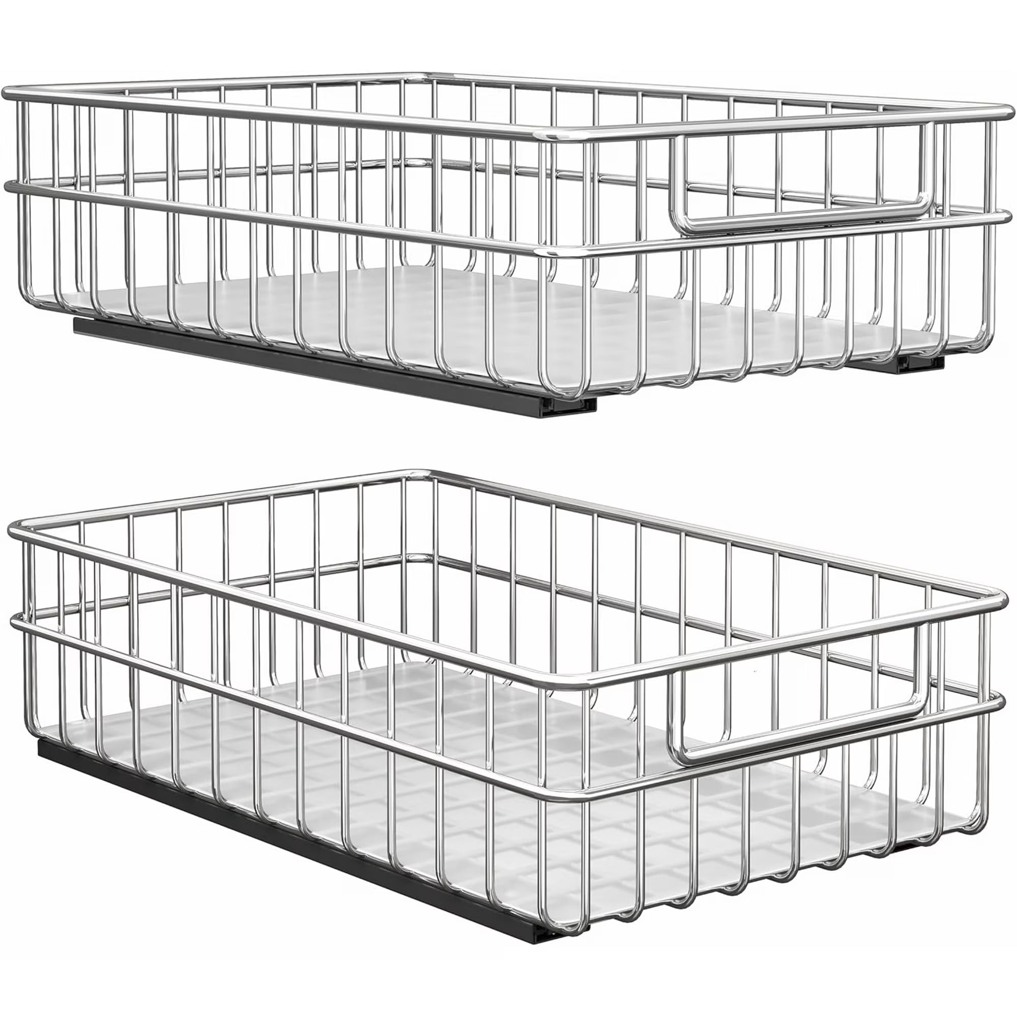 Pull Out Cabinet Organizer, 2 Packs Thickened Stainless Steel Slide Out Drawers, Adhesive Roll Out Baskets, No Drill Pull Out Racks for Home Storage, Shelves for Pantry, Kitchen, Bathroom(16.5''Deep)