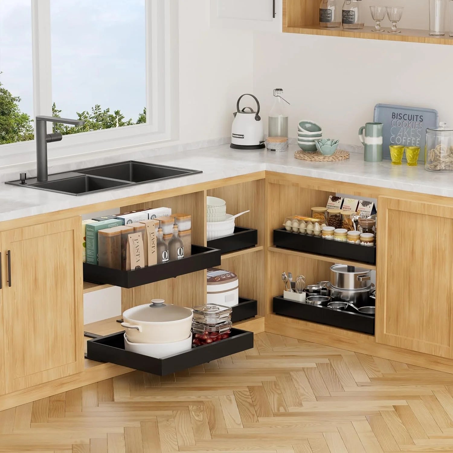 Expandable Pull Out Cabinet Organizer, Adjustable Width, Black B58703