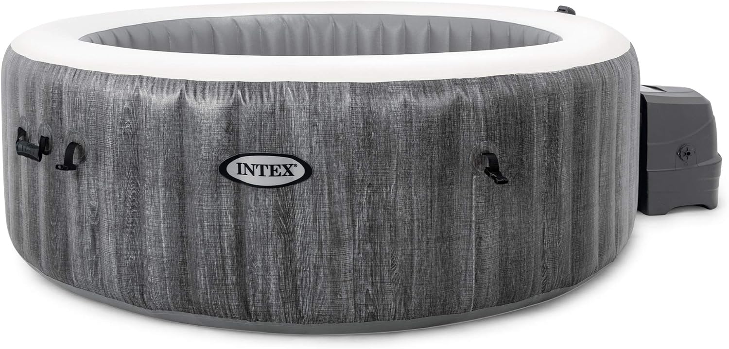 Intex Greywood Deluxe 4 Person Outdoor Portable Inflatable Hot Tub Spa with Multi-Color LED Light, Foam Headrests, and 140 Soothing Bubble Jets, Gray