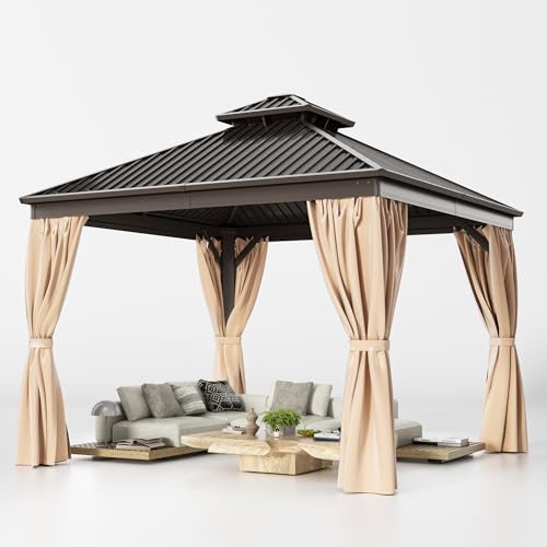 10x12 FT Hardtop Gazebo with Nettings and Curtains, Heavy Duty Gazebo with Galvanized Steel Double Roof, Permanent Outdoor Metal Pavilion for Patio, Deck, Lawn and Garden