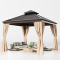 10x12 FT Hardtop Gazebo with Nettings and Curtains, Heavy Duty Gazebo with Galvanized Steel Double Roof, Permanent Outdoor Metal Pavilion for Patio, Deck, Lawn and Garden