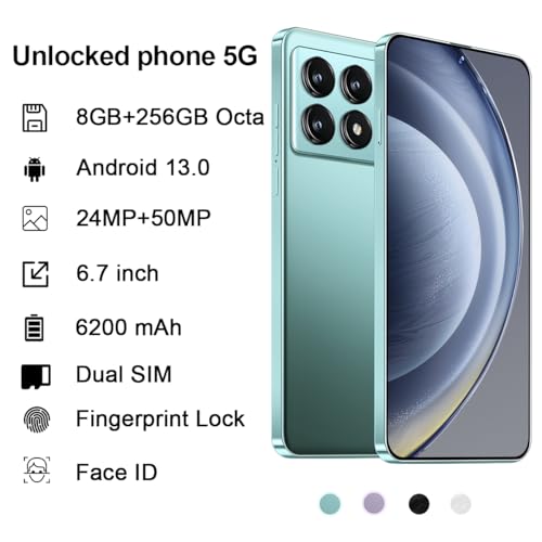 Unlocked 5G Smartphone 8GB+256GB 6.7" HD Screen 50MP Camera 6200mAh Dual SIM N102