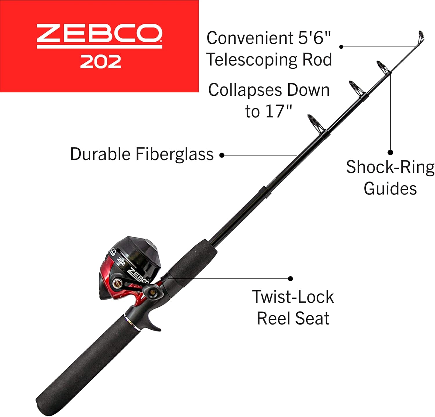 Spincast Reel and Telescopic Fishing Rod Combo, 17-Inch to 5-Foot 6-Inch Pole, Size 30 Reel, Right-Hand Retrieve, Pre-Spooled with 10-Pound Line, Black/Red I4538