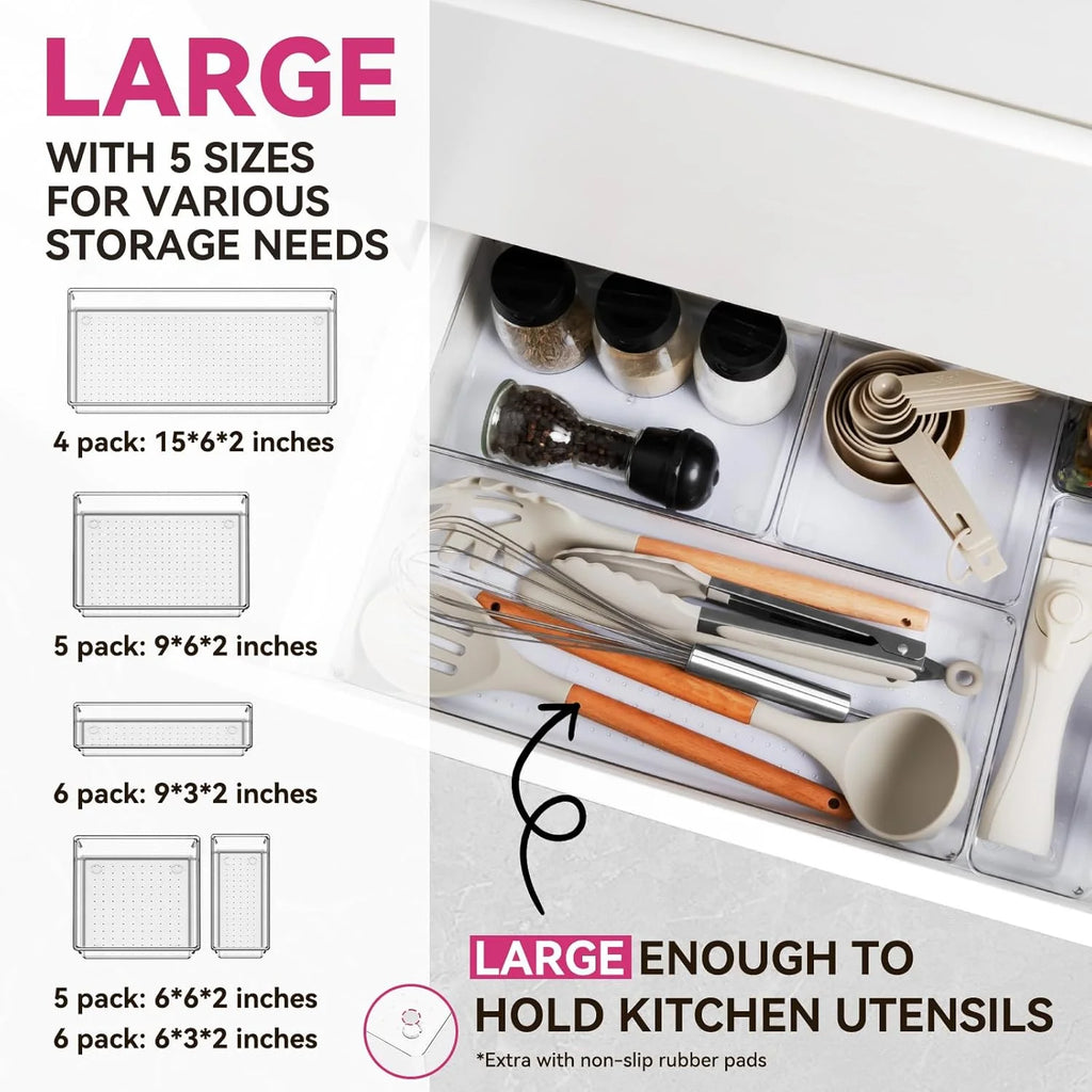 Large Clear Plastic Drawer Organizer Bins, 5 Size Heavy Duty Storage for Kitchen Utensils O979