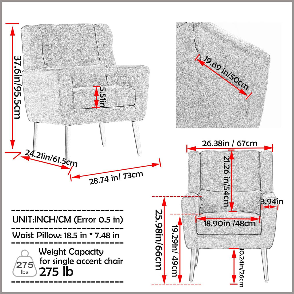 Chenille Accent Armchair with Pillow, Solid Wood Legs W64975