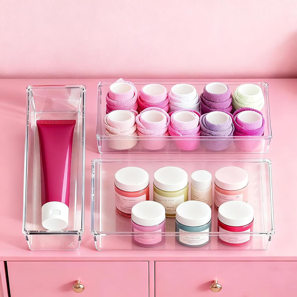 26 Pack Large Clear Plastic Drawer Organizer Bins - 5 Size Heavy Duty Acrylic Kitchen Drawer Organizers and Storage for Utensils - Bathroom Drawer Organizer Trays for Makeup Office Organization