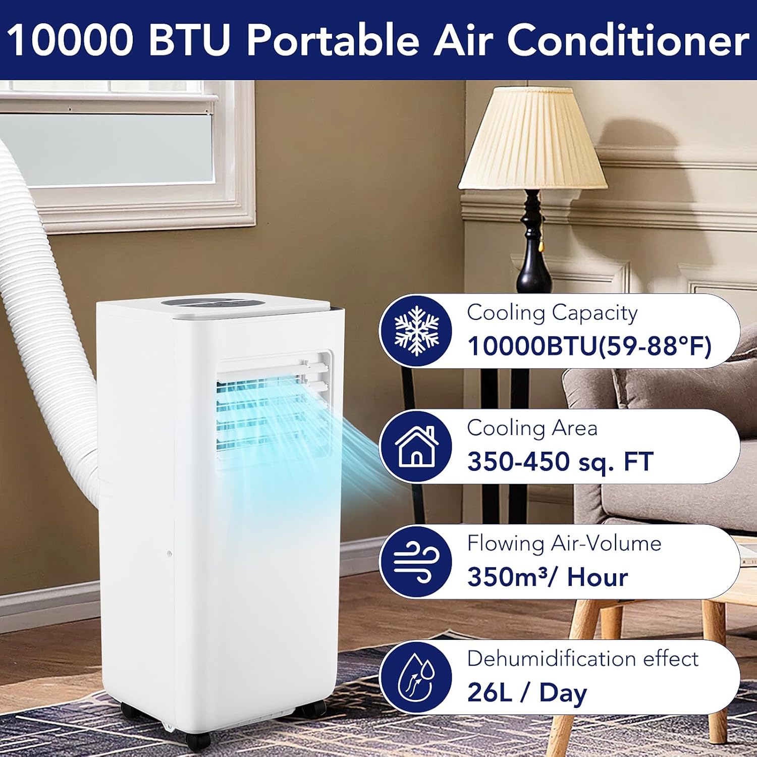 Portable Air Conditioner 10,000 BTU, Cooling up to 450 Sq.Ft, 3-in-1 with Dehumidifier & Fan Mode D14173