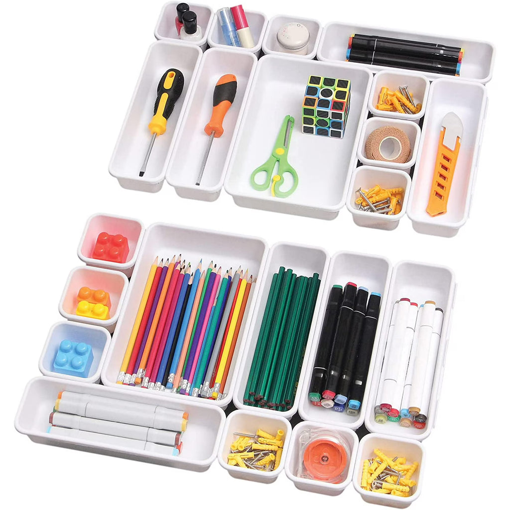 Set of 22 Interlocking Desk Drawer Organizer Tray Dividers Plastic Shallow Narrow Drawers Organizers Separators Storage Bins Container for Kitchen Bathroom Makeup Office Vanity Bedroom Dresser White