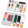 Set of 22 Interlocking Desk Drawer Organizer Tray Dividers Plastic Shallow Narrow Drawers Organizers Separators Storage Bins Container for Kitchen Bathroom Makeup Office Vanity Bedroom Dresser White