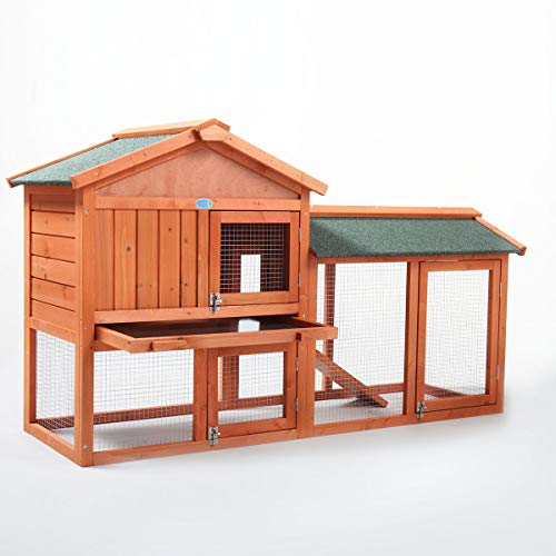 Wooden Rabbit Hutch Indoor with Removable Tray & Ramp, Waterproof Roof P790